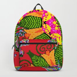 Colored round floral mandala on a red, green and yellow colors. Vintage illustration.  Backpack