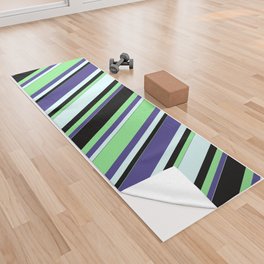 [ Thumbnail: Dark Slate Blue, Light Green, Black, and Light Cyan Colored Lined Pattern Yoga Towel ]