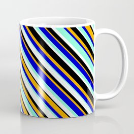 [ Thumbnail: Vibrant Mint Cream, Black, Orange, Blue & Aquamarine Colored Lined/Striped Pattern Coffee Mug ]