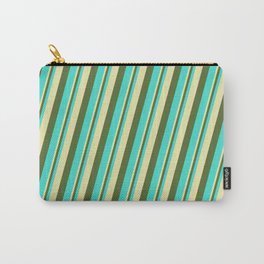 [ Thumbnail: Pale Goldenrod, Dark Olive Green & Turquoise Colored Lines Pattern Carry-All Pouch ]
