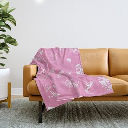 Pink And White Silhouettes Of Vintage Nautical Pattern Throw Blanket