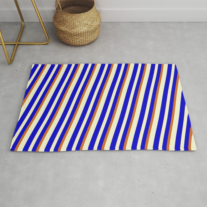 Light Yellow, Blue & Chocolate Colored Lined/Striped Pattern Rug