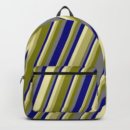 [ Thumbnail: Colorful Pale Goldenrod, Dark Khaki, Green, Grey & Blue Colored Lines/Stripes Pattern Backpack ]