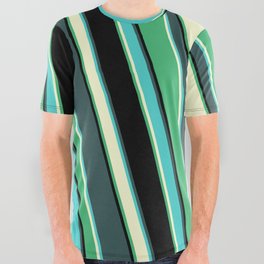 [ Thumbnail: Colorful Dark Slate Gray, Turquoise, Light Yellow, Sea Green, and Black Colored Lined Pattern All Over Graphic Tee ]