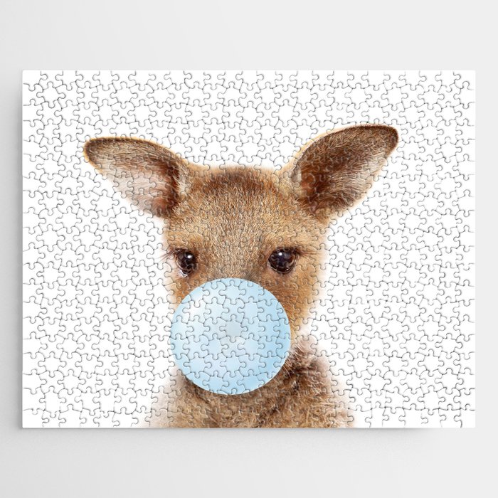 Baby Kangaroo Blowing Blue Bubble Gum, Baby Boy, Kids, Nursery, Baby Animals Art Print by Synplus Jigsaw Puzzle
