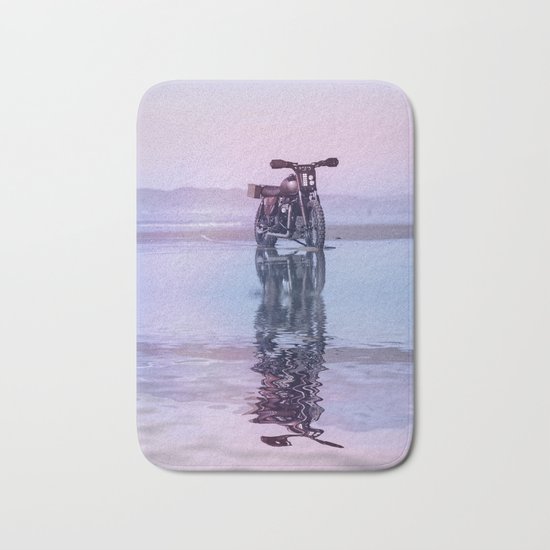 Where the Journey begins Motorcycle at the Water Sunset Bath Mat