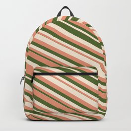 [ Thumbnail: Dark Salmon, Dark Olive Green & Beige Colored Lines/Stripes Pattern Backpack ]