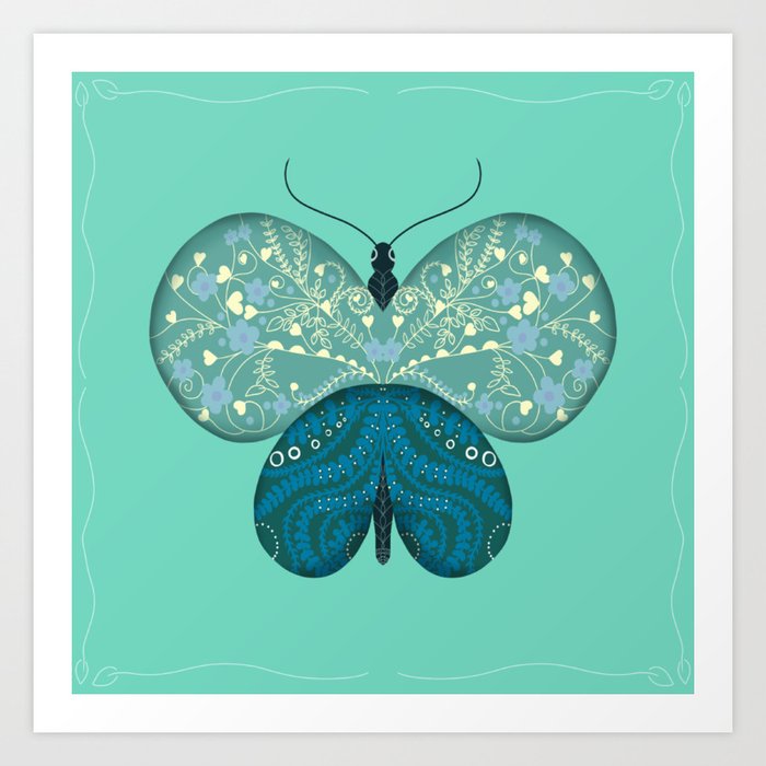 Butterfly Pattern Design Turquoise Floral Illustration  Art Print