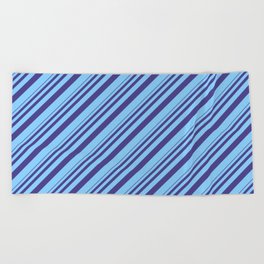 [ Thumbnail: Dark Slate Blue and Light Sky Blue Colored Stripes/Lines Pattern Beach Towel ]