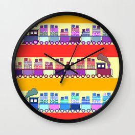 Colorful trains with Christmas gifts Wall Clock