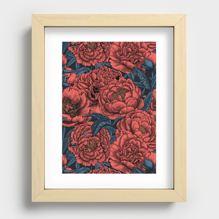 Peony flowers and moths Recessed Framed Print