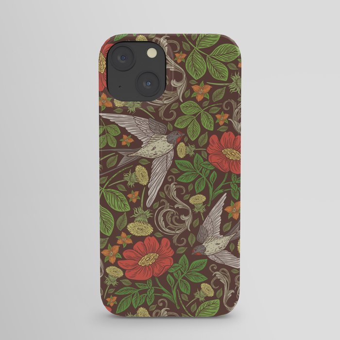 Swallows with dandelions and roses on brown background iPhone Case