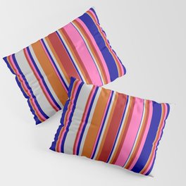 [ Thumbnail: Eyecatching Chocolate, Red, Hot Pink, Dark Blue & Light Gray Colored Lines/Stripes Pattern Pillow Sham ]