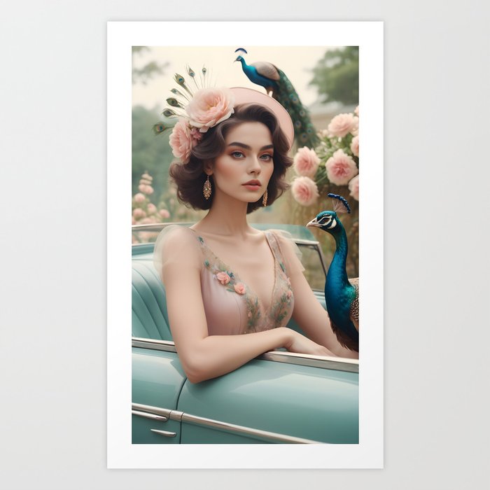 Retro Elegance: Pastel Shades, Girl, Peacock, and Vintage Ride Art Print