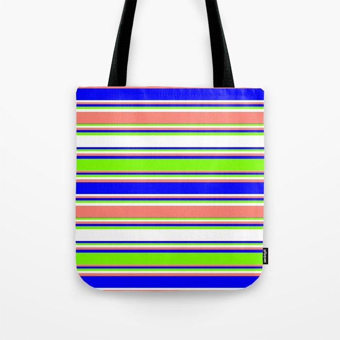 Blue, Green, White, and Salmon Colored Lined Pattern Tote Bag