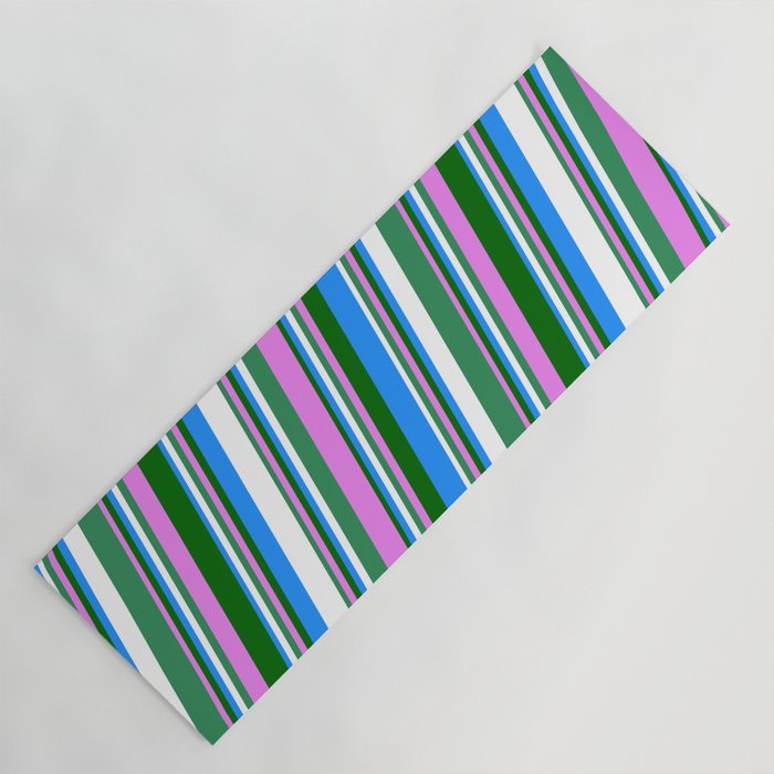 Vibrant Sea Green, Violet, Dark Green, Blue, and White Colored Stripes/Lines Pattern Yoga Mat
