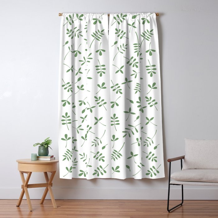 Green Leaves Design On White Blackout Curtain By Nataliepaskell