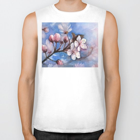Cherry Blossoms Watercolor Spring Flowers Biker Tank