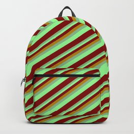 [ Thumbnail: Dark Goldenrod, Dark Sea Green, Green & Maroon Colored Lined Pattern Backpack ]