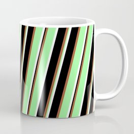 [ Thumbnail: Sienna, Green, White & Black Colored Lined Pattern Coffee Mug ]