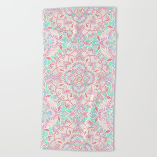 Mint and Blush Pink Painted Mandala Beach Towel