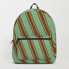 [ Thumbnail: Dark Sea Green and Brown Colored Pattern of Stripes Backpack ]