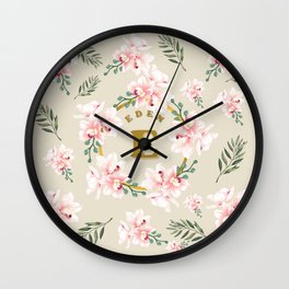 Eden with flowers  Wall Clock | Gold, Graphicdesign, Pattern, Cirles, Digital, Typography, Flowers, Retro, Beige, Pink 