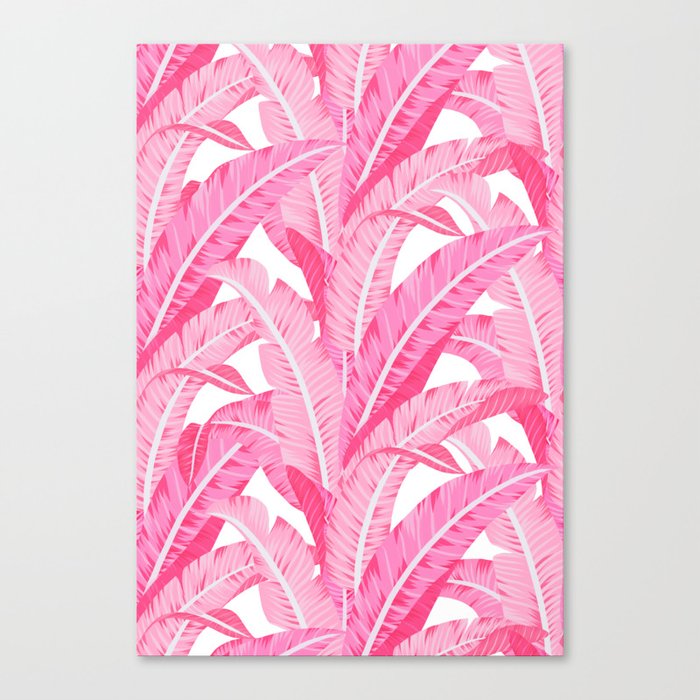 Pink banana leaves tropical pattern on white Canvas Print