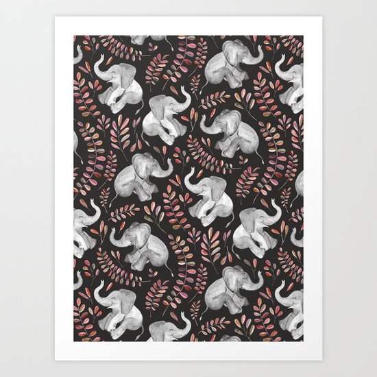Laughing Baby Elephants - Coral Art Print