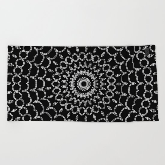 Mandala Fractal in Black and White Beach Towel