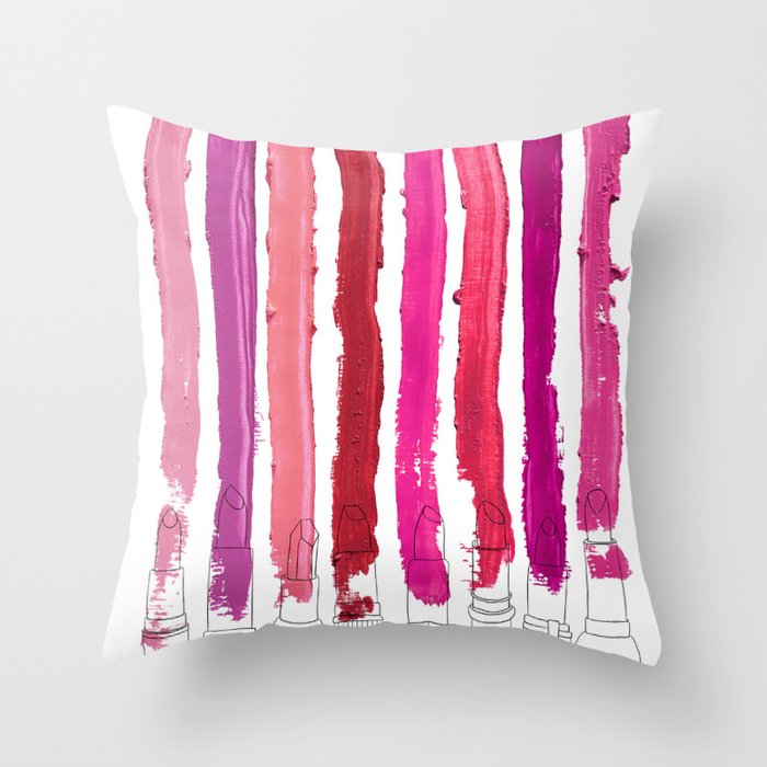 Lipstick Stripes - Floral Fuschia Red Throw Pillow
