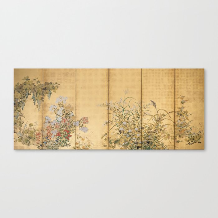 Japanese Edo Period Six-Panel Gold Leaf Screen - Spring and Autumn Flowers Leinwanddruck Japanese Edo Period Six-Panel Gold Leaf Screen - Spring and Autumn Flowers Leinwanddruck