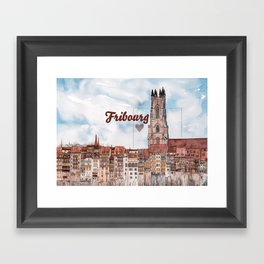 Fribourg Cityscape - St-Nicolas Cathedral watercolor Framed Art Print