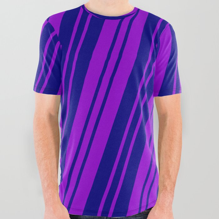 Dark Violet and Blue Colored Pattern of Stripes All Over Graphic Tee