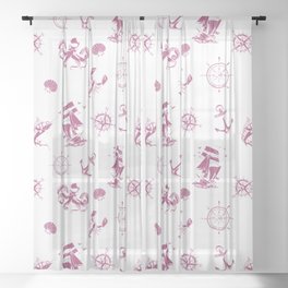 Magenta Silhouettes Of Vintage Nautical Pattern Sheer Curtain