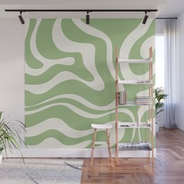 Modern Liquid Swirl Abstract Pattern in Light Sage Green and Cream Wall Mural