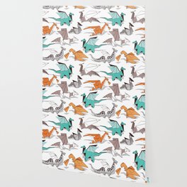 Origami dragon friends // white background aqua orange grey and taupe fantastic creatures Wallpaper
