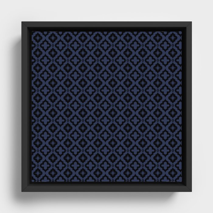 Navy Blue and Black Ornamental Arabic Pattern Framed Canvas