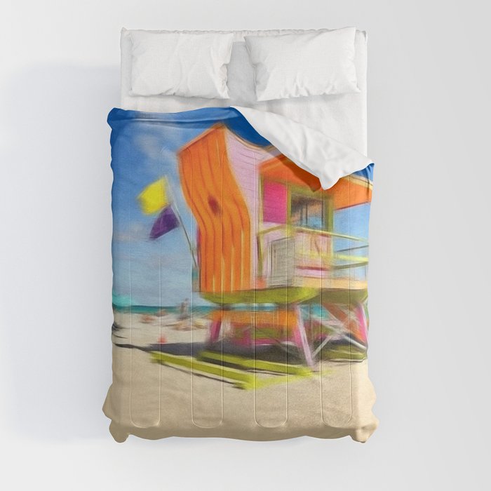 Miami Beach - South Beach lifeguard house art deco beach pavilion portrait painting modern art Comforter