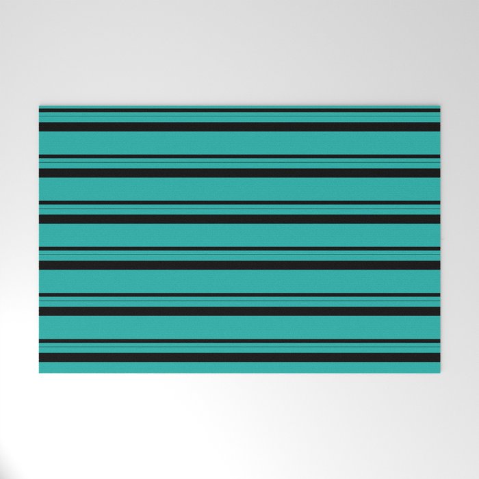Light Sea Green & Black Colored Pattern of Stripes Welcome Mat