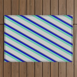 [ Thumbnail: Dim Grey, Blue, Aquamarine & Light Grey Colored Lined/Striped Pattern Outdoor Rug ]