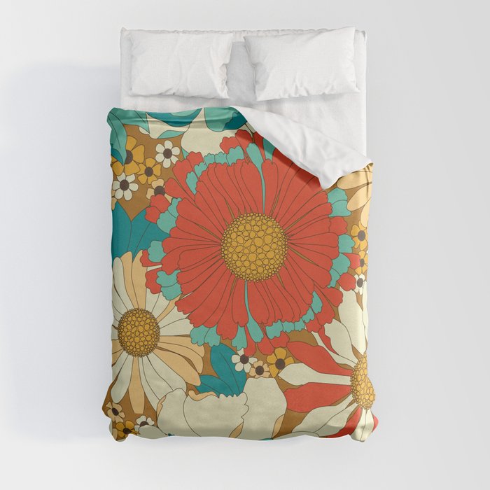 Red, Orange, Turquoise & Brown Retro Floral Pattern Duvet Cover