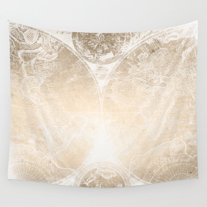 Antique World Map White Gold Wall Tapestry