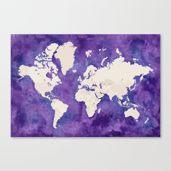 Purple watercolor and light brown world map with outilined countries Canvas Print