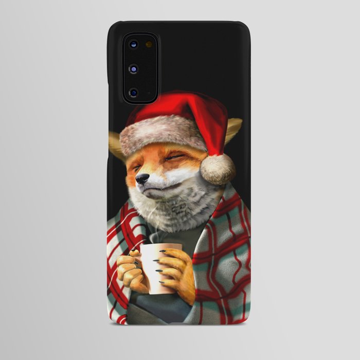 Fox in Santa Hat. Christmas Red Fox with coffee mug Android Case