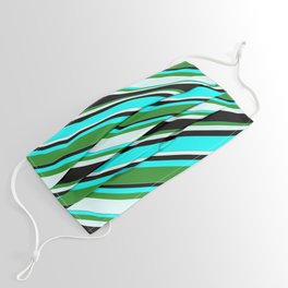 [ Thumbnail: Aqua, Forest Green, Light Cyan, and Black Colored Lines/Stripes Pattern Face Mask ]