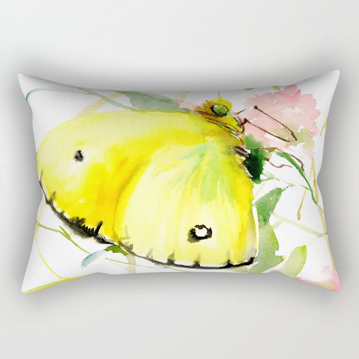 Soft Yellow Butterfly and Pink Flower, pink turquoise lemon yellow girls room art, design Rectangular Pillow