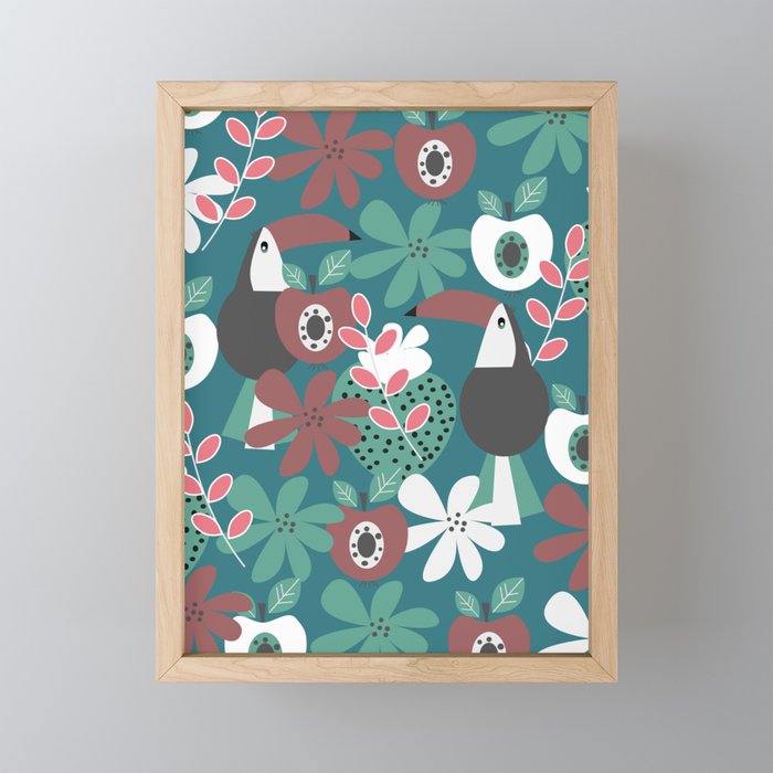Toucans with apples and strawberries Framed Mini Art Print