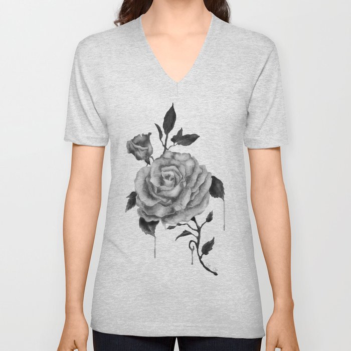 Black and White Rose Flower V Neck T Shirt