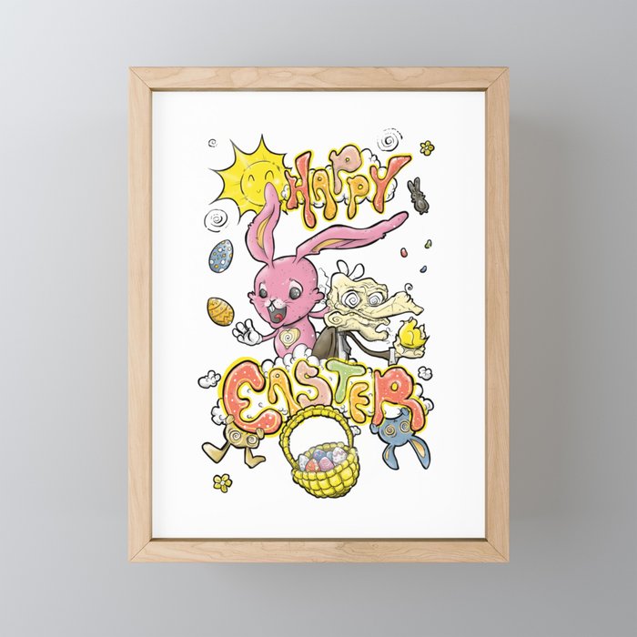 HAPPY EASTER with Cartoony Old Man Joe & the CUTEST Easter Bunny EVER Hand Drawn One of a Kind Art Framed Mini Art Print